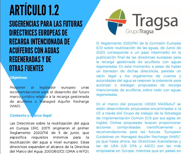 Nueva publicación del Grupo Tragsa en IDiAgua 2021: Sugerencias para las futuras directrices europeas de recarga intencionada de acuíferos con aguas regeneradas y de otras fuentes